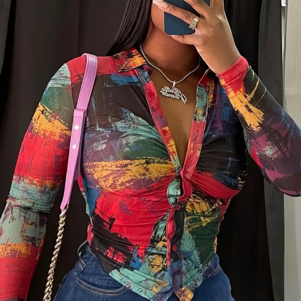 Multicolored Ruched Long Sleeve Blouse